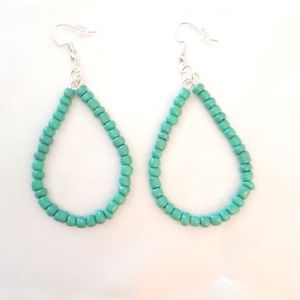 Turquoise Seed bead earrings teardrop hoop dangle silver plated hook handmade